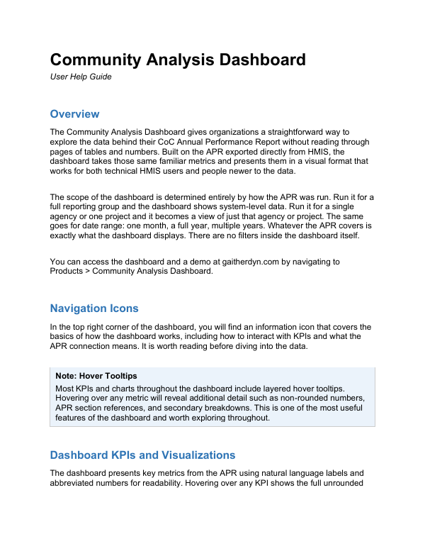 First page of the Community Analysis Dashboard help guide