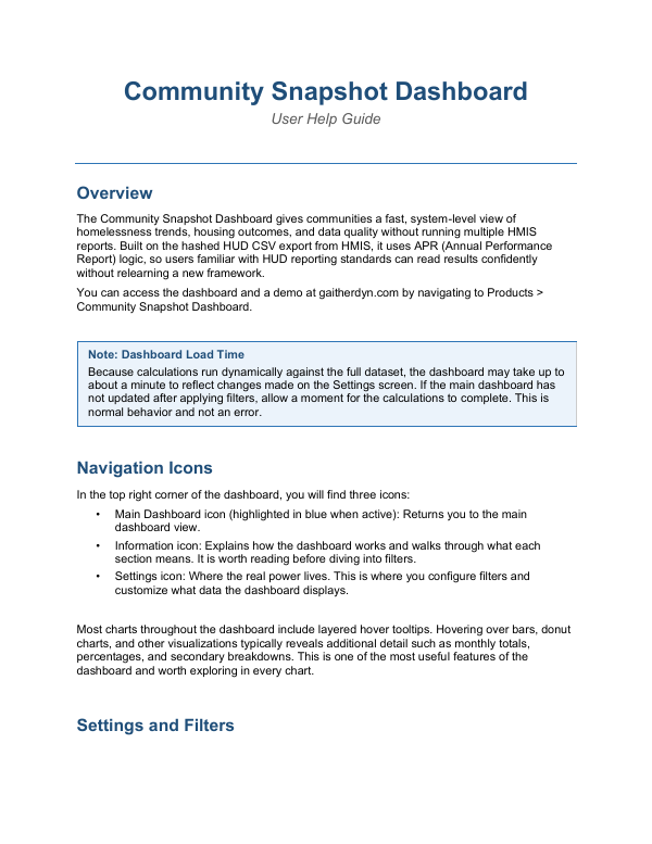 First page of the Community Snapshot Dashboard help guide